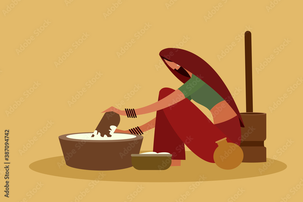 Illustration of a woman grinding flour in the old traditional way Stock
