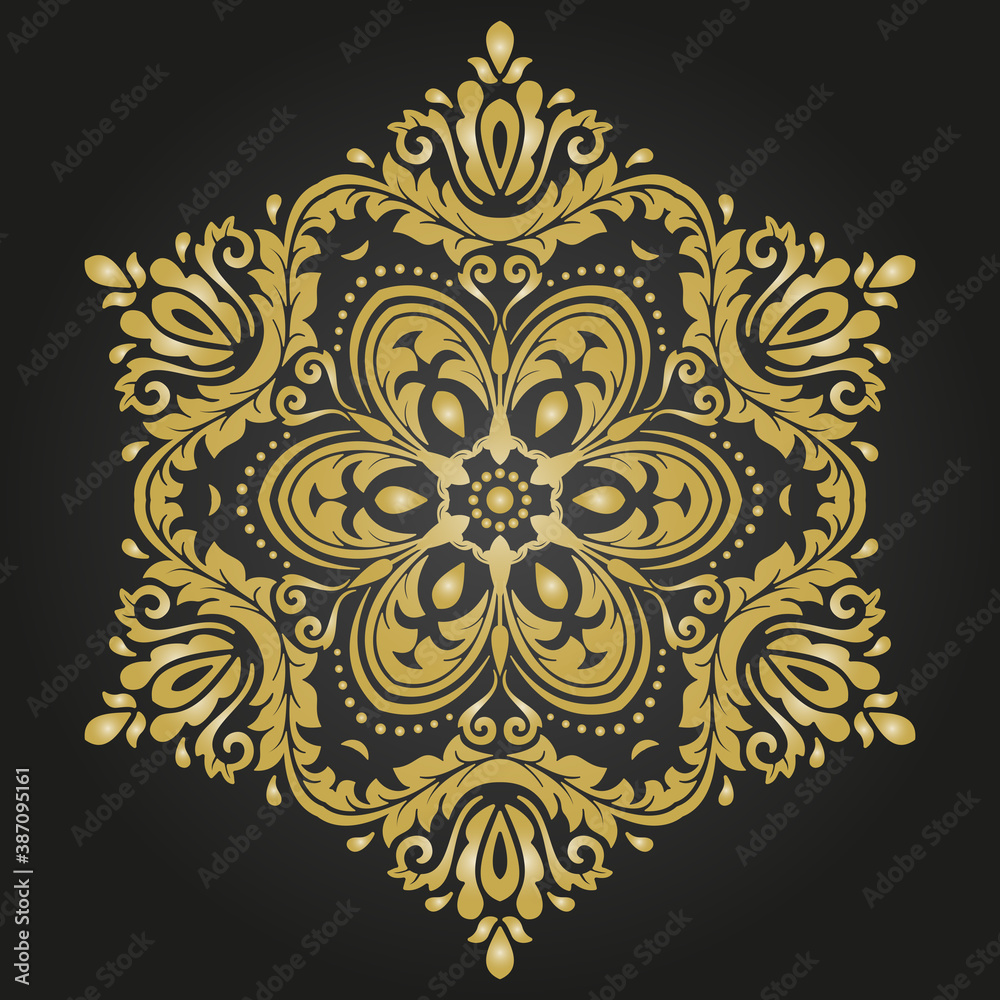 Oriental vector pattern with arabesques and floral elements. Traditional classic golden round ornament. Vintage pattern with arabesques