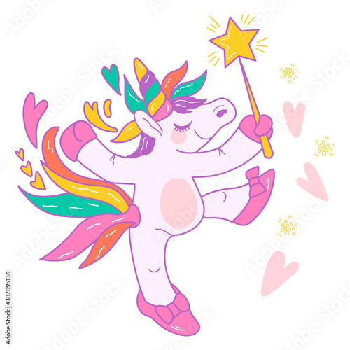 Cartoon unicorn character with magic wand, flat vector illustration isolated on white background. Childish happy unicorn image design for textile prints, stickers and stationary.