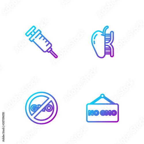 Set line No GMO, , Syringe and Genetically modified apple. Gradient color icons. Vector.