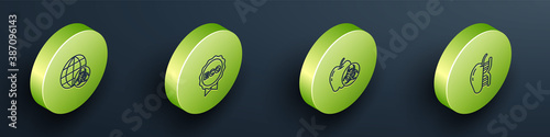 Set Isometric line GMO, Label for eco healthy food, Genetically modified apple and icon. Vector.