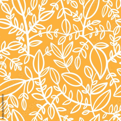 Seamless pattern with different leaves on orange background. Vector print with plants.