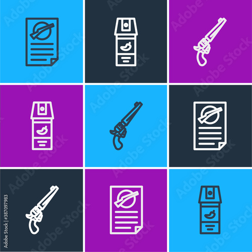 Set line Firearms license certificate, Revolver gun and Pepper spray icon. Vector.