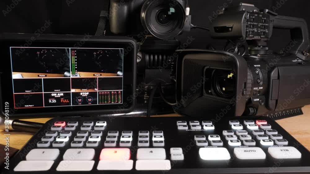 Livestream setup with camera videomixer on air blinking Livestream setup with camera videomixer on air blinking