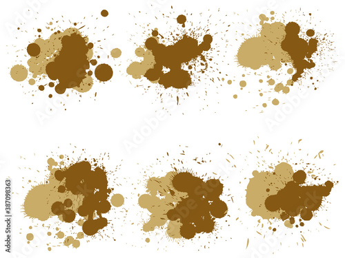 Vector collection of artistic grungy paint drop, hand made creative splash or splatter stroke set isolated white background. Abstract grunge dirty coffee stain group or graphic art vintage decoration