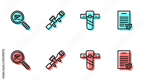 Set line Knife holster, Pistol or gun search, Sniper optical sight and Firearms license certificate icon. Vector.