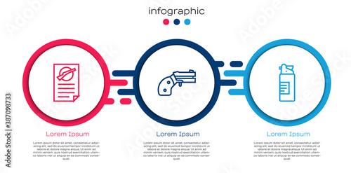 Set line Firearms license certificate, Small gun revolver and Weapons oil bottle. Business infographic template. Vector.
