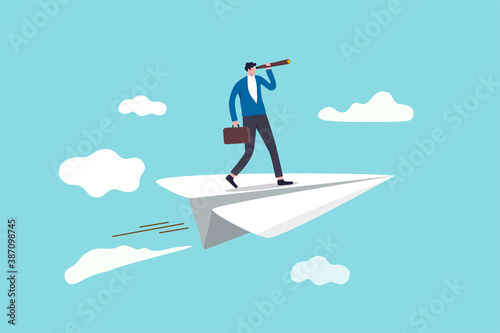 Business vision to see opportunity or strategy, discovery or visionary to look forward in business concept, confidence businessman leader on flying high paper plane looking forward through telescope.