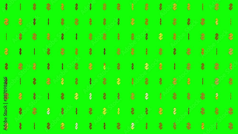 Golden dollar signs rotating, isolated on green, loop animation.