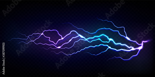 Vector realistic lightning bolt isolated on transparent black background.