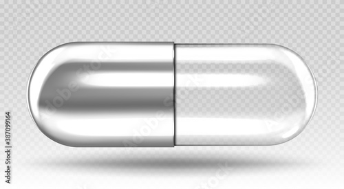 Silver transparent medical capsule isolated on transparent background. Vector realistic illustration