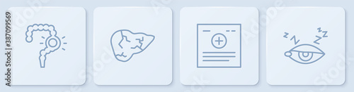 Set line Gut constipation, Clinical record, Hepatitis virus and Insomnia. White square button. Vector.