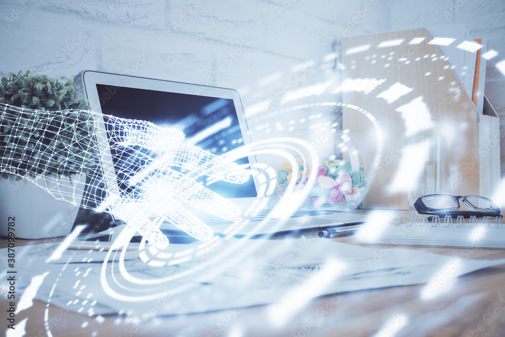 Multi exposure of desktop with personal computer and tech theme drawing. Concept of Bigdata. Multi exposure of desktop with personal computer and tech theme drawing. Concept of Bigdata.
