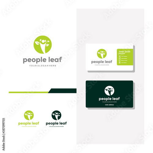people leaf logo design and business card vector