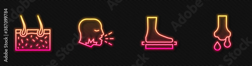 Set line Flat foot, Hair covering skin, Man coughing and Runny nose. Glowing neon icon. Vector.