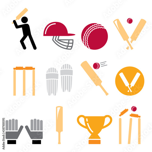 Cricket bat, man playing cricket, cricket equipment - sport vector icons set