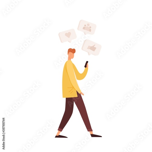 Faceless male character using social media, messaging on mobile phone, gettin...