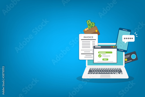 Online payment concept. Laptop with electronic invoice.  
Vector illustration. 