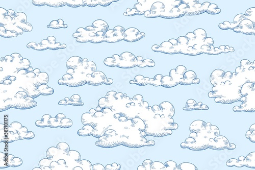 Seamless pattern with fluffy clouds or cumulus. Hand drawn detailed vintage cloudscape. Repeatable background with sky view. Vector illustration