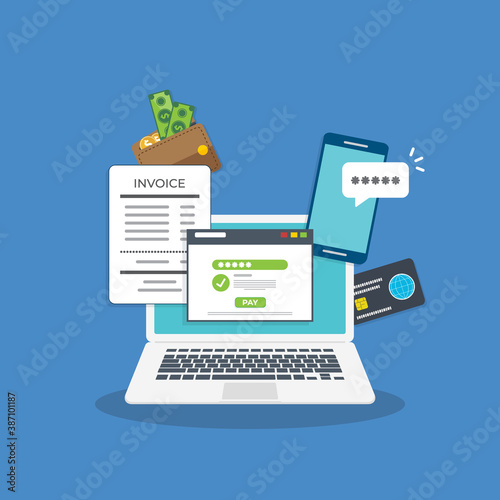Online payment concept. Laptop with electronic invoice. Vector illustration. 