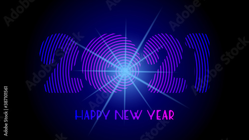 Happy New Year 2021 holiday banner, year numbers created from eccentric circles on dark background.