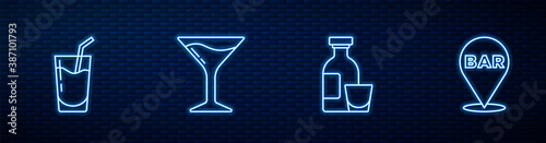Set line Alcohol drink Rum, Cocktail, Martini glass and bar location. Glowing neon icon on brick wall. Vector.