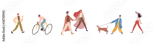 Modern faceless people walking and riding bicycle on city street. Group of fashionable male and female character spend time outdoors. Vector illustration in flat cartoon style