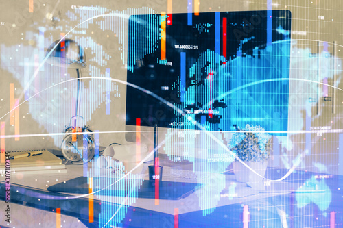 Wallpaper Mural Multi exposure of business theme icons and work space with computer background. Concept of success. Torontodigital.ca