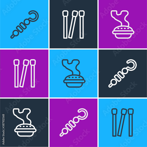 Set line Grilled shish kebab, Homemade pie and Matches icon. Vector.