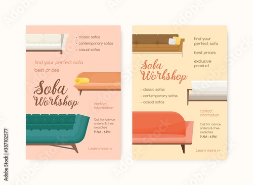 Colorful vertical poster for sofa workshop. Advertising for couch store with cozy and luxury divans and a place for text. Vector illustration in flat cartoon style