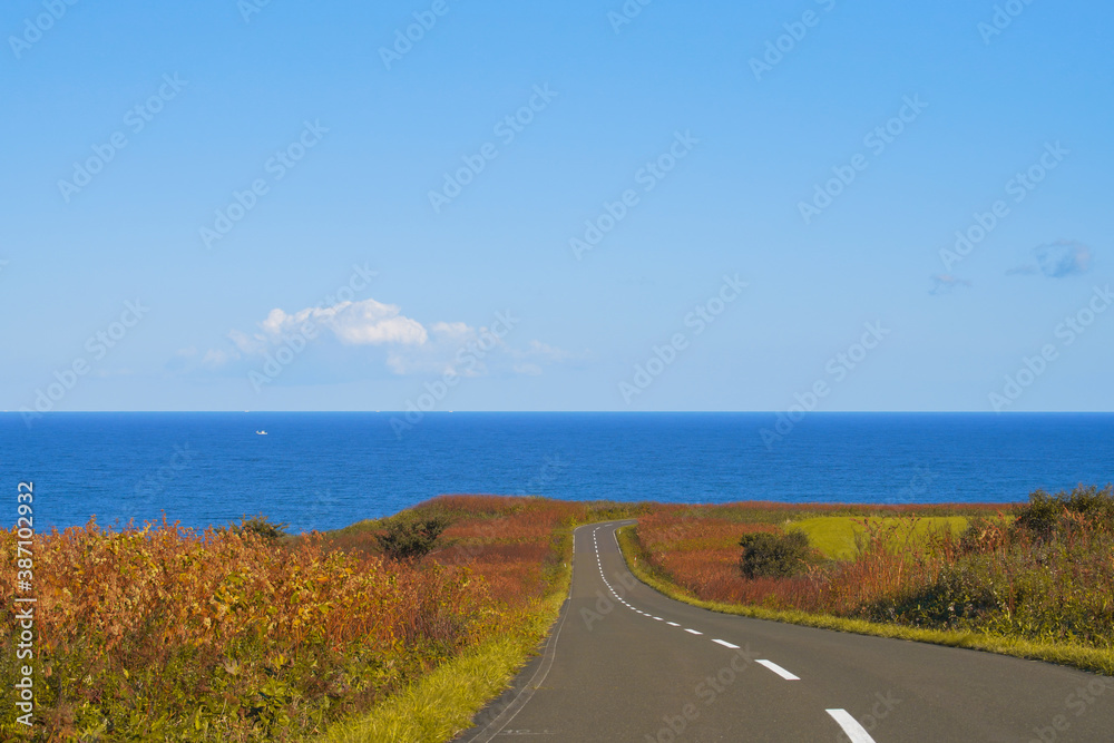 北海道、網走国定公園の能取岬に行く途中の、海まで伸びる道路
