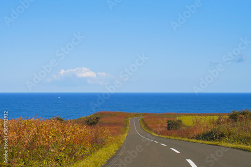 北海道、網走国定公園の能取岬に行く途中の、海まで伸びる道路