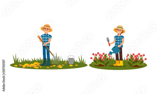 People Farmer Characters Working in the Garden Vector Illustration Set