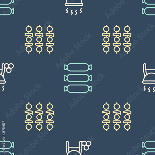 Set line Barbecue grill, Grilled shish kebab and Sausage on seamless pattern. Vector.