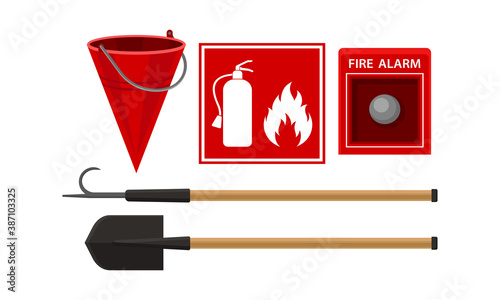 Active Fire Protection Devices with Fire Alarm Button and Fire Bucket Vector Set