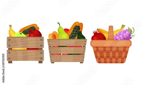 Sweet Tropical Food with Papaya and Banana Bunch in Basket and Wooden Crate Vector Set