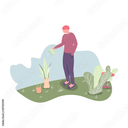 a man watering the plants while lockdown because of coronavirus flat style vector illustration
