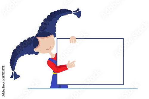 Girl with whiteboard or banner. You can place your text, message on the banner. Idea for business, training. Stylized girl. Vector