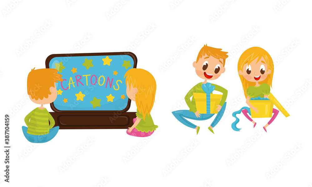 Fototapeta premium Little Boy and Girl Watching Cartoons and Unwrapping Gift Boxes Vector Illustration Set