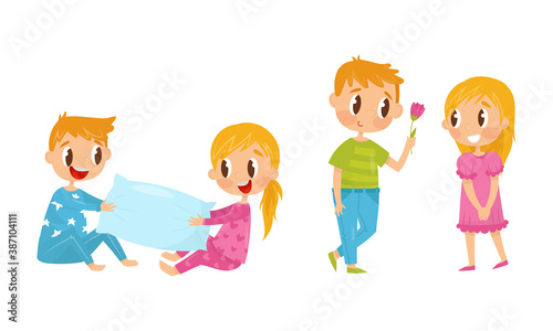Little Boy and Girl Pillow Fighting and Giving Flower Vector Illustration Set