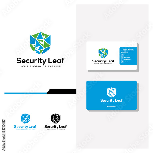 shield tech leaf logo design and business card vector