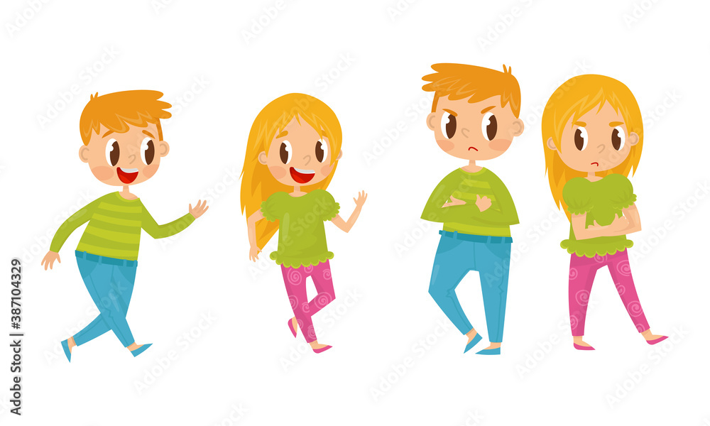 Little Boy and Girl Playing Catch-up and Getting Angry with Each Other Vector Illustration Set