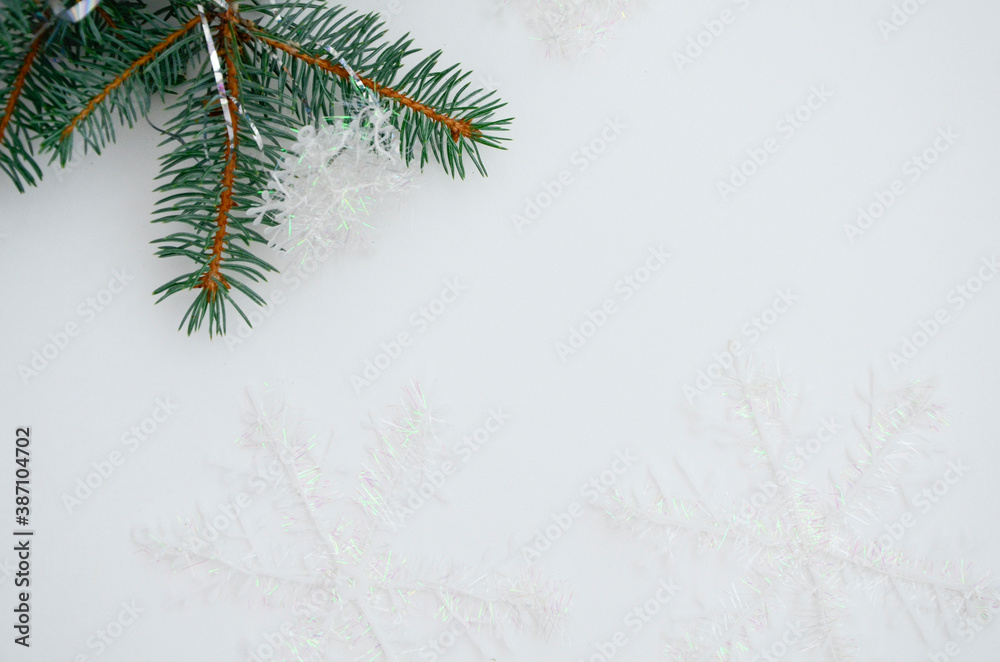Christmas tree branch with snowflakes on a white background. Christmas background concept. Christmas tree branch with snowflakes on a white background. Christmas background concept.