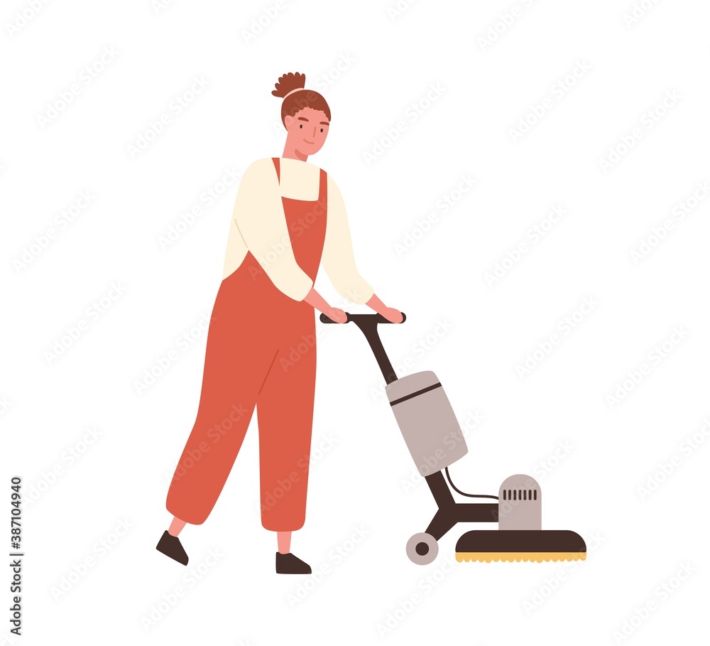 Young woman janitor in uniform holding sweeper machine. Cleaning service professional worker with floor washing equipment isolated on white background. Vector illustration in flat cartoon style Young woman janitor in uniform holding sweeper machine. Cleaning service professional worker with floor washing equipment isolated on white background. Vector illustration in flat cartoon style