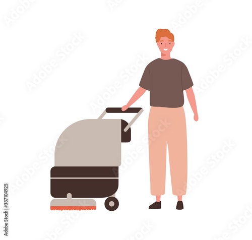 Adult man janitor standing with sweeper. Cleaning service professional worker...