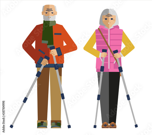 Elderly couple is engaged in scandinavian walking isolated on white background. Flat vector clipart.