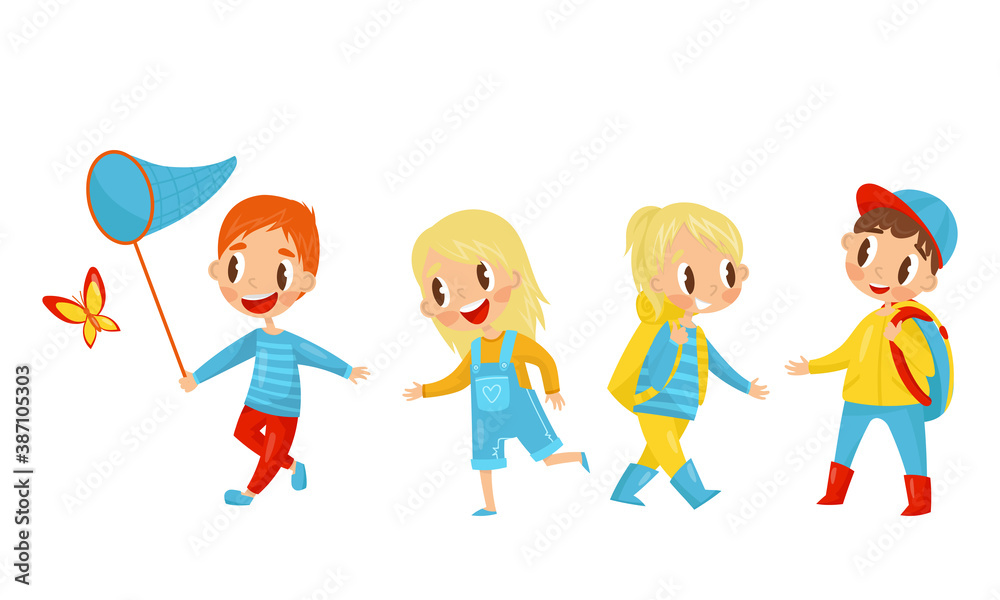 Little Boy and Girl Catching Butterflies and Hiking with Backpacks Vector Illustration Set Little Boy and Girl Catching Butterflies and Hiking with Backpacks Vector Illustration Set