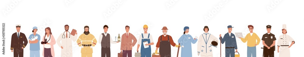Collection of people of different professions isolated on white background. Backdrop with male and female workers. Specialists in uniform. Vector illustration in flat cartoon style - obrazy, fototapety, plakaty 