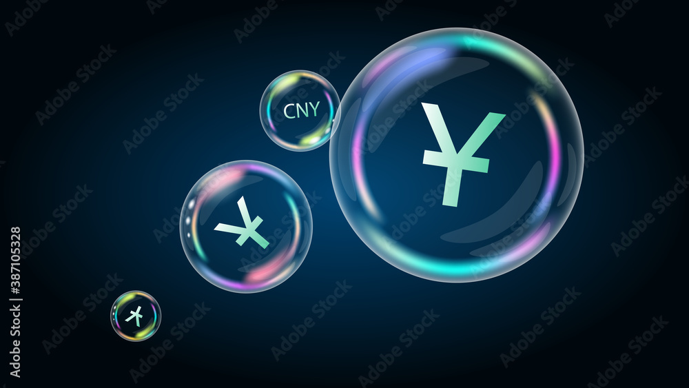 China CNY coin symbol in soap bubble. The US economy is inflated and burst. The financial pyramid will be destroyed. Vector EPS10. China CNY coin symbol in soap bubble. The US economy is inflated and burst. The financial pyramid will be destroyed. Vector EPS10.