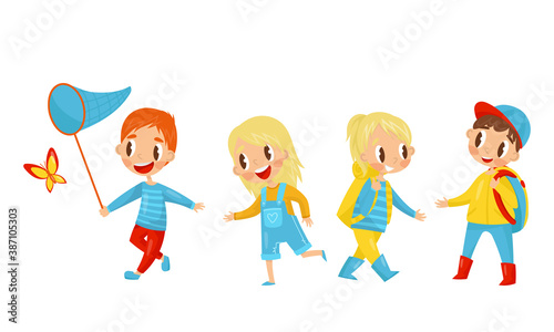 Little Boy and Girl Catching Butterflies and Hiking with Backpacks Vector Illustration Set